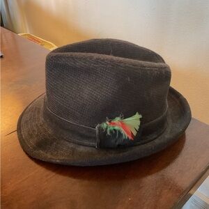 Vintage Stevens Wool Tweed Fedora 6 7/8 Feathers Made in USA brown tan